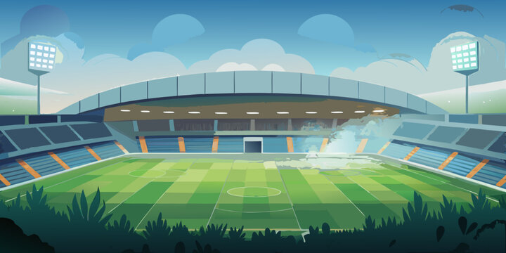 Grand empty football stadium arena with green pitch, vector