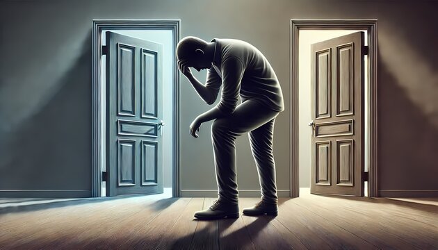 Mental Struggle Before a Life Decision &ndash; Business and Psychology Concept