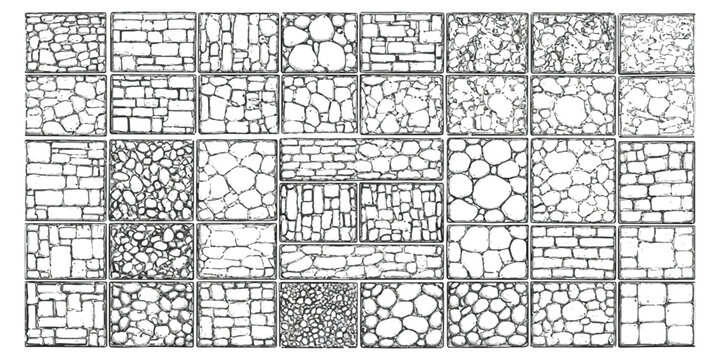 Set of various stone wall texture patterns and brick masonry designs in black and white line art