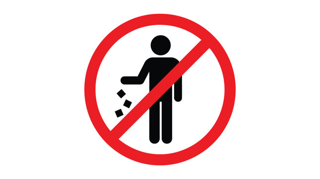 Black and red no littering icon showing a person dropping trash in a circular frame