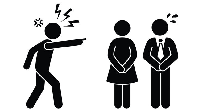 Angry boss figure points at nervous employees in this simple black and white vector illustration