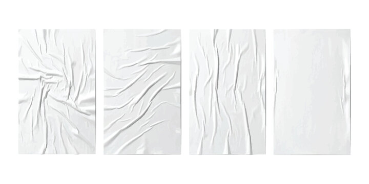 Set of four crumpled white paper posters with realistic folds and creased texture overlay