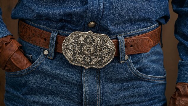 Ornate metal belt buckle on a brown leather western belt