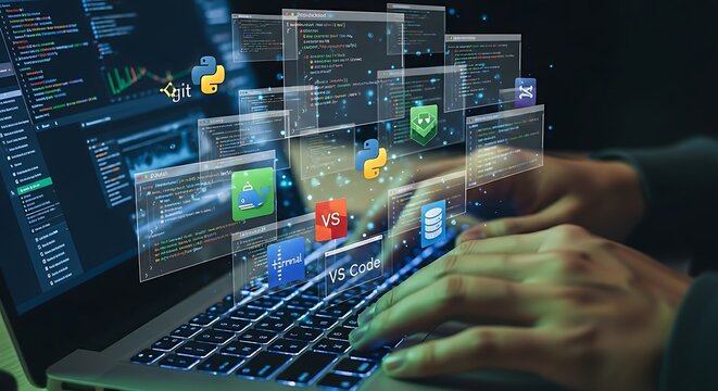 Programmer with floating software code interface and development icons over laptop keyboard for technology creation.