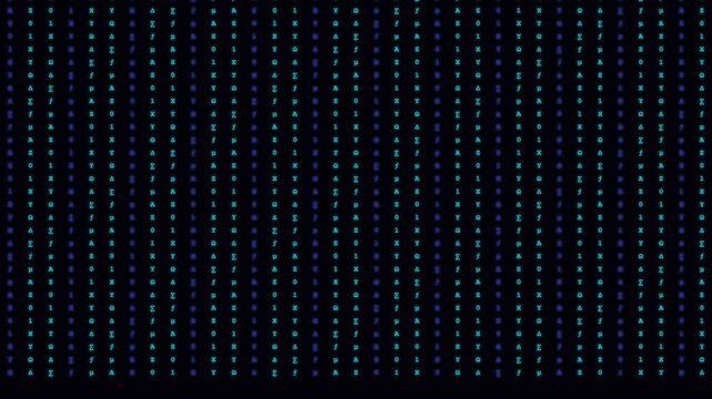 Abstract AI code matrix rain background loop, 4k digital cyan data text deep learning algorithm stream.