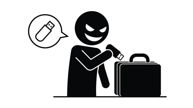 Evil stick figure thief inserts a black usb drive into a leather briefcase for theft