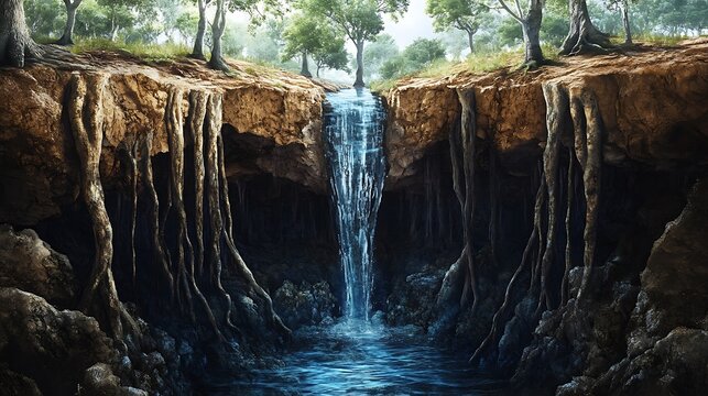 Hidden waterfall grotto with root systems and lush forest canopy