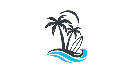 Obraz premium Minimalist tropical palm trees with a surfboard icon in blue and dark gray vector design