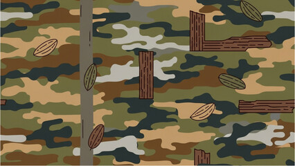 A camouflage pattern featuring trees and leaves in a natural outdoor setting with brown trunks © Stock Image Paradise