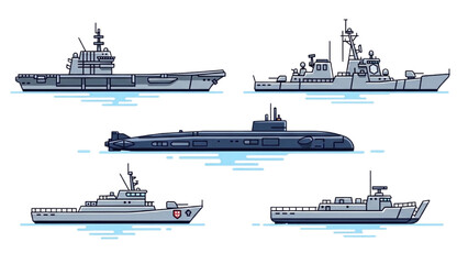 Naval fleet comprising various warships sailing on calm waters in formation © Stock Image Paradise