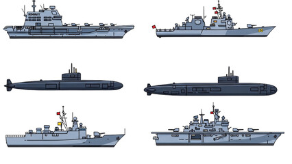 Naval fleet comprising warships and submarines on the ocean surface © Stock Image Paradise