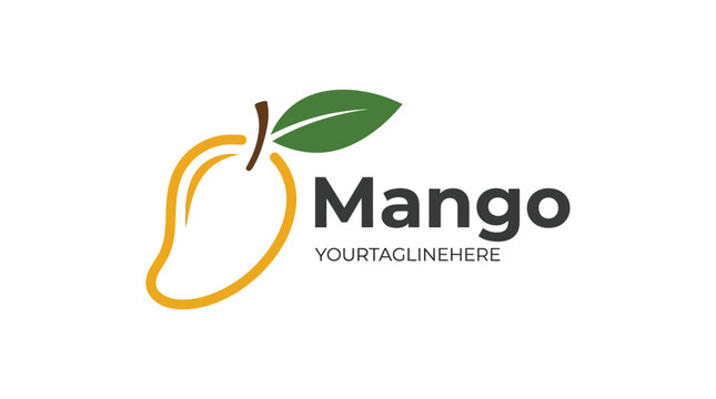 Minimalist mango fruit logo design featuring a simple yellow outline and a green leaf shape