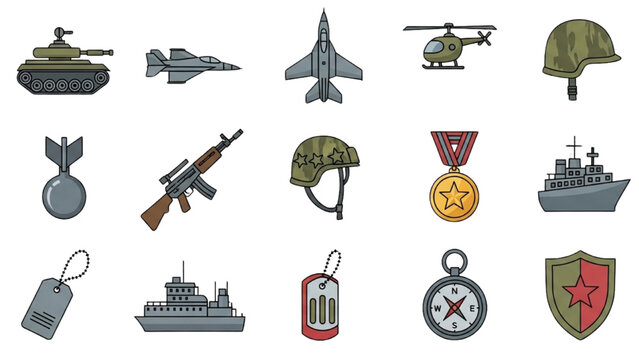 Military equipment and vehicles on display in a neutral environment from a bird's eye view