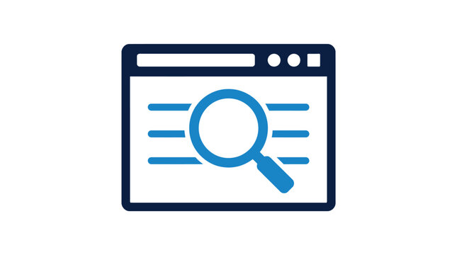 Blue digital browser window icon featuring a magnifying glass for website search and internet navigation
