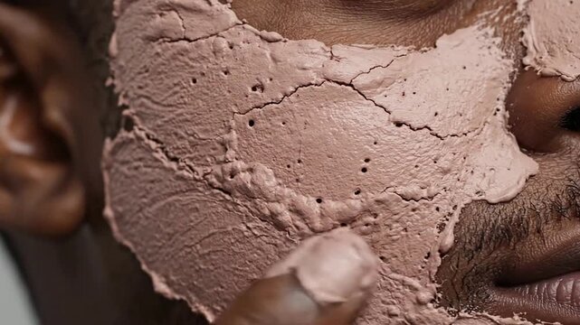Close-Up of a Cheek with Thick Layer of Pink Clay Mask Showing Textured Surface Perfect for Skincare and Beauty Concepts in Wellness Industry