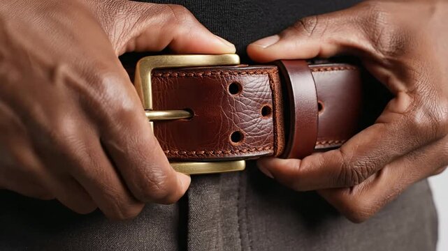 Close-Up of a Classic Brown Leather Belt with Vintage Brass Buckle Being Adjusted by Hand Against a Neutral Background