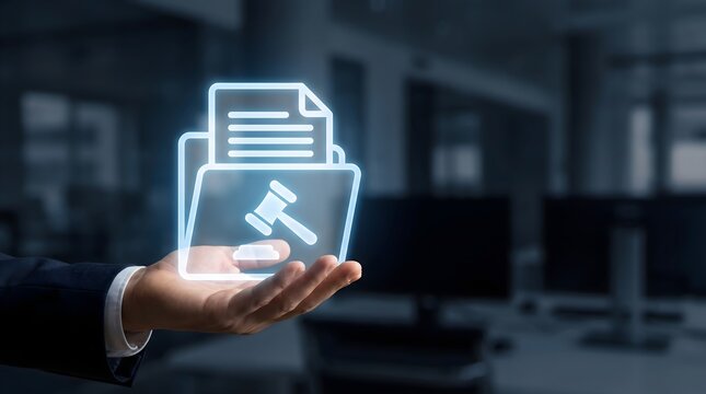 Digital Legal Document Management with Holographic Court File and Justice Folder Icon