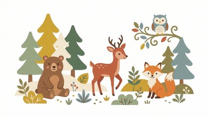 Naklejka premium Cute bear sits, deer walks, fox rests, and owl watches in a vibrant forest scene