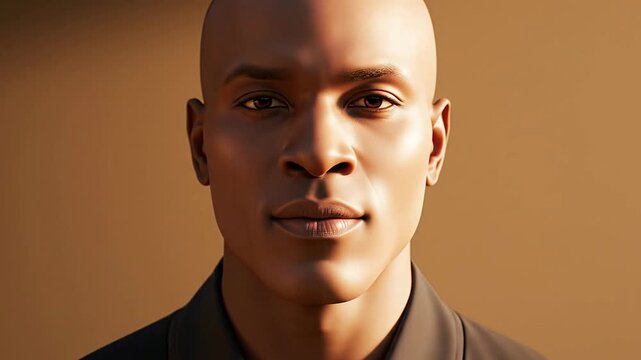 Close-Up Portrait of Male Model's Serene Face Under Simulated Sunset Lighting with Soft Gradient Background