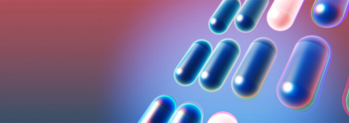 Fototapeta premium Blue glossy capsule pill shape scattered on pink purple gradient background display