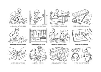 Obraz premium Minimalist Carpentry Workshop Tools. 12 scenes: woodworking cutting process, drilling and fixing tools, furniture crafting workshop, wood measurement planning, sanding and polishing process, tool