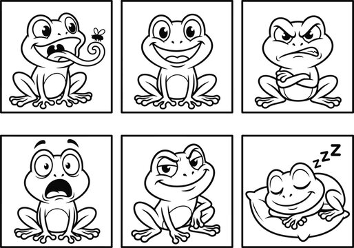 Retro Cartoon Frog Expressions Character Sheet Coloring Page Vector
