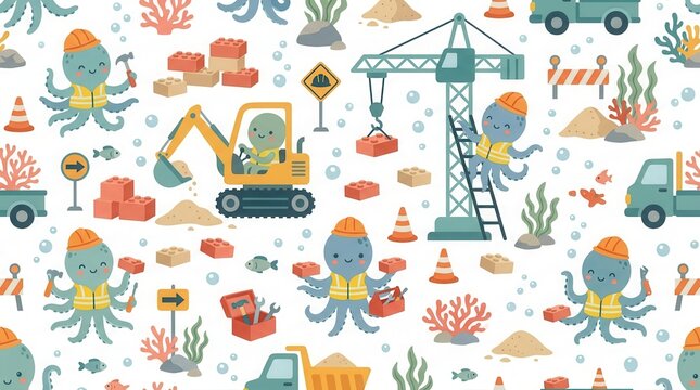 Smiling octopuses & turtle build underwater with heavy machinery
