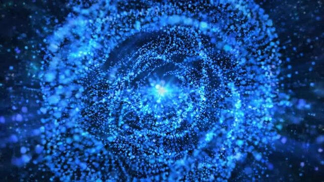 Explore abstract magic as blue dots move and create patterns in a surreal digital space filled with energy and motion