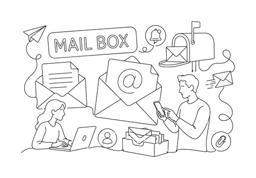 Mail Email Communication Icons. Clean one-line drawing composition with envelope, letter, inbox across canvas, 2?3 characters, oversized email icon and paper, small mail elements near edges, rounded