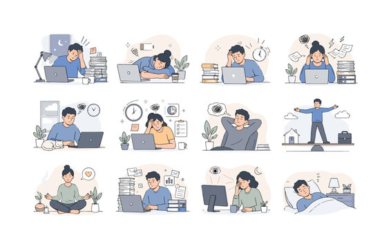 Work Burnout Stress Office. Collection of 12 minimalist editorial vector scenes: overtime workload stress, burnout fatigue at desk, deadline pressure moment, exhausted office worker, remote overwork