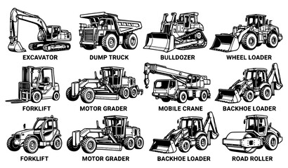 Obraz premium Heavy construction machinery vector set with excavator bulldozer forklift and earthmoving equipment isolated on white