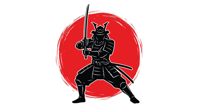 Detailed black vector illustration of a powerful samurai warrior holding a sharp katana fighting sword