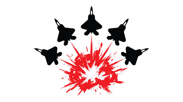 Detailed vector illustration featuring five black fighter jet silhouettes arranged above a bright red explosion