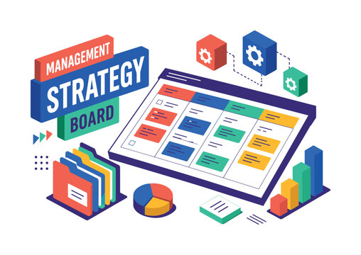 Management Strategy Board , oversized project board with bold geometric depth, stacked folders and floating gear blocks, asymmetric editorial layout, coral and electric blue with mint accents,