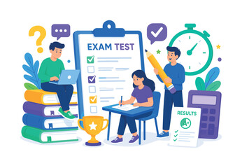 Fototapeta premium Exam Test Icons Banner Exam Test Icons vector banner illustration exam test quiz results education assessment scene 2?3 characters taking exams with papers edge-to-edge composition pure white