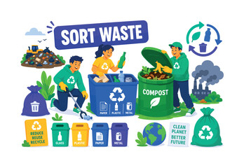 Naklejka premium Waste Recycling Management Banner with 3 expressive stylized human characters sorting an oversized recycling bin and giant compost container, small trash bag, litter picker, landfill mound, pollution