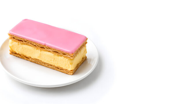 Pink dutch tompouce on a plate on a white background ad template