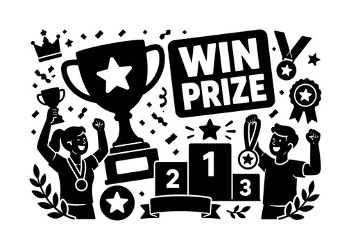 Trophy Award Victory. Banner design, clean solid filled composition showing oversized trophy cup and giant winner podium, two champions celebrating near edges, small details of medal, star, ribbon,