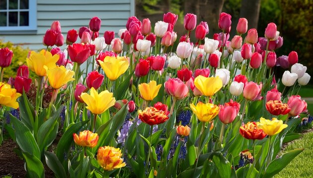 Many Vivid Colors Of Tulips In Full Bloom Completely Filling Up My Front Yard On A Beautiful May Day In Spring