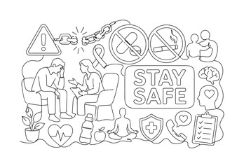Fototapeta premium Addiction Awareness Health Icons. Clean one-line drawing composition with warning symbol, broken chain, counseling scene across canvas, 2?3 characters, oversized pill and cigarette crossed out, small