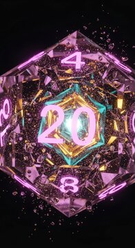 Glowing Polyhedral Dice with Neon Numbers.