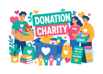 Naklejka premium Donation Charity Icons Banner Donation Charity Icons vector banner illustration charity donation help volunteer community support giving scene 2?3 characters donating resources edge-to-edge