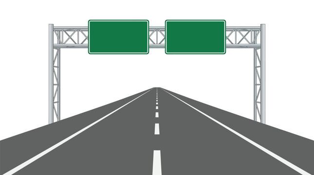 Blank green highway signs mounted on a metal overhead gantry frame in this vector illustration
