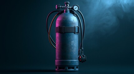 Obraz premium Scuba Diving Oxygen Tank Stands Alone on Dark Navy Background With Dramatic Studio Lighting