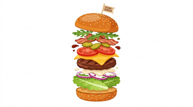 Gourmet burger ingredients stacked vertically