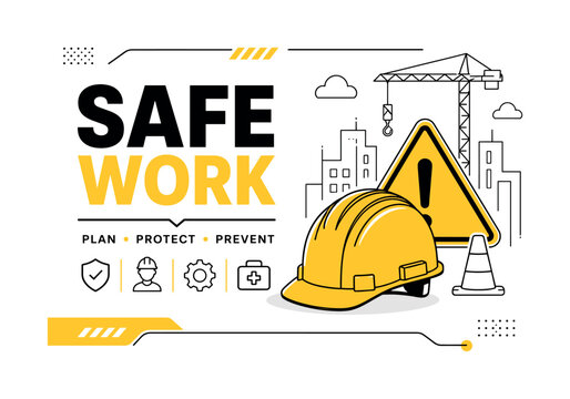 Job Safety Workplace Protection. Job Safety Workplace Protection construction Banner Job Safety Workplace Protection clean editorial composition with helmet, warning sign, headline SAFE WORK.