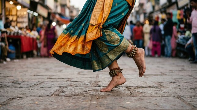 Dynamic midair step of barefoot classical dancer in green and gold skirt with ankle bells on crowded market street for banner design