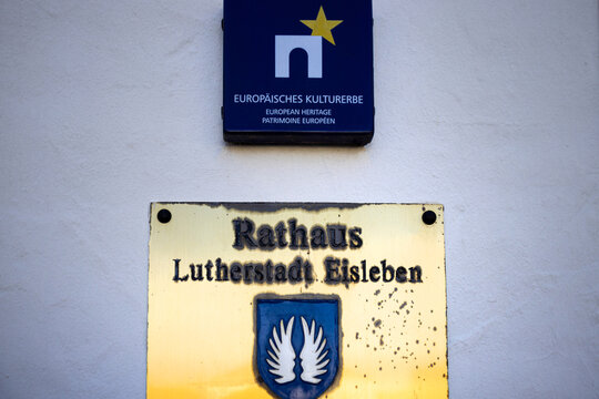 eisleben, sachsen anhalt, germany - 03 06 2026: the town hall sign of eisleben germany