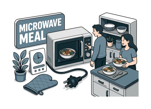 Microwave Kitchen Appliance banner showing two homeowners around an oversized microwave oven and giant kitchen counter, meal bowl, timer card, plug cord, cabinet shelf, and oven mitt filling all