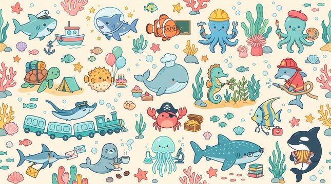 Cute sea animals portray different professions and hobbies in a bustling cartoon ocean scene